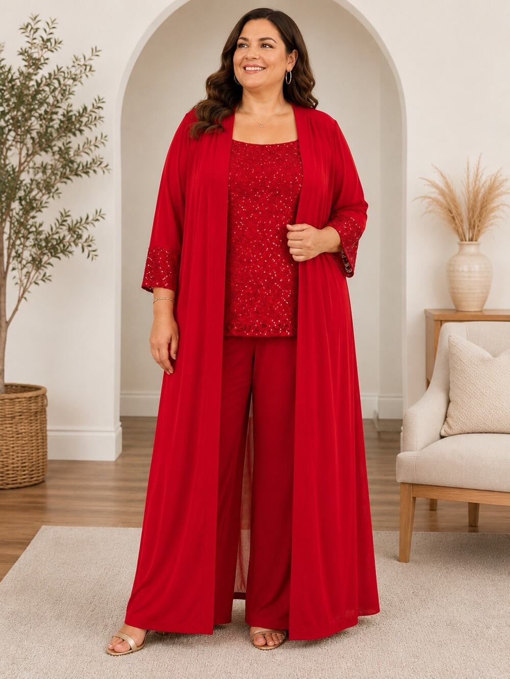Roaman's Women's 42W Red 3 Piece Sequin Lace Duster Top Pants Formal Plus Size